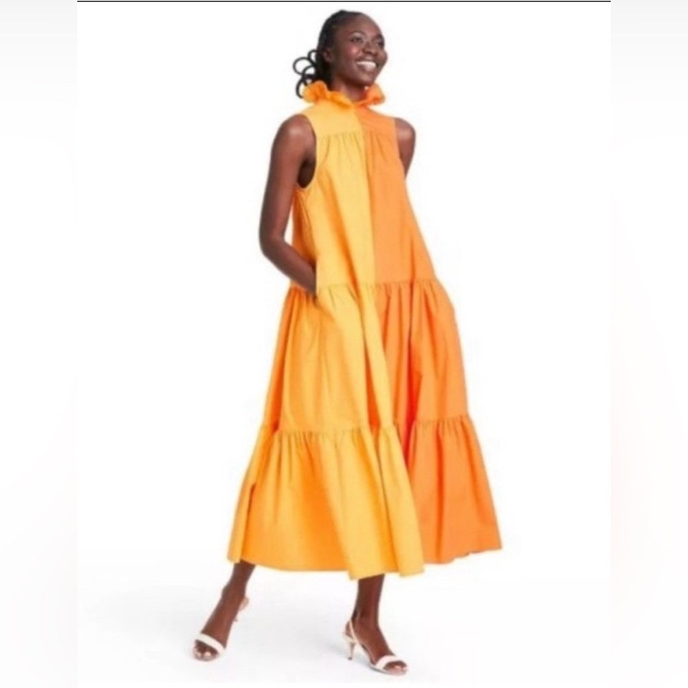 Christopher John Rogers Ruffle Tiered Dress orange yellow poplin Size XS